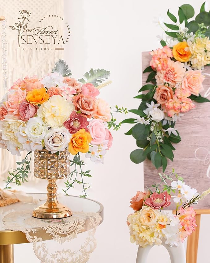 Senseya Artificial Flowers Combo, Champagne Silk Roses, Peonies, Dahlias with Stems for DIY Wedding Bouquets, Baby Shower, Table Centerpieces, Home Decor, Fake Floral Arrangements, Party Decorations