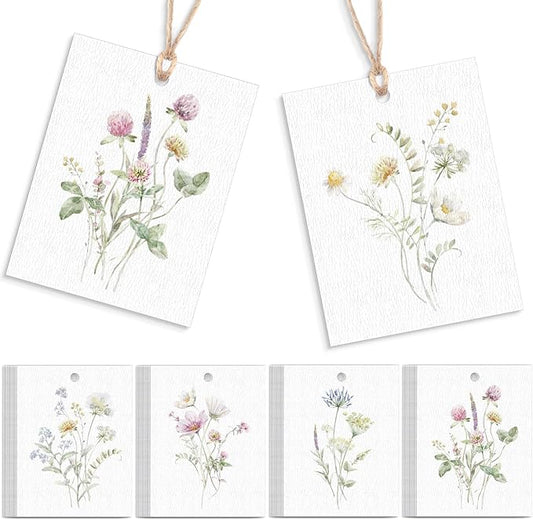 50 Set Floral Blank Gift Tags with String, 2 x 3 in Watercolor Bouquet Paper Gift Tags Set 5 Assorted Flower Designs Label Tag for Wedding Bridal Baby Shower Xmas Party Decor Supplies