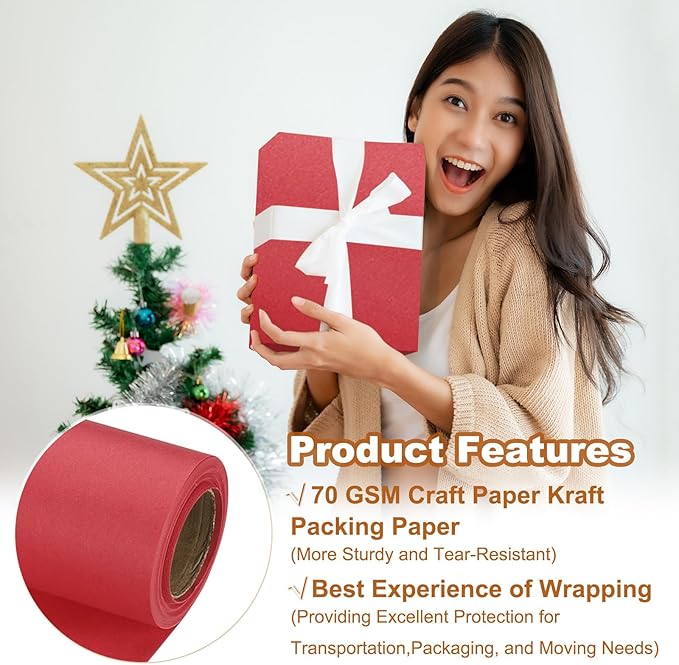 PATIKIL Wrapping Paper, 15" x 300"(25') 70 GSM Craft Paper Roll Kraft Packing Paper for Poster Bulletin Board, Gift Wrapping, Red