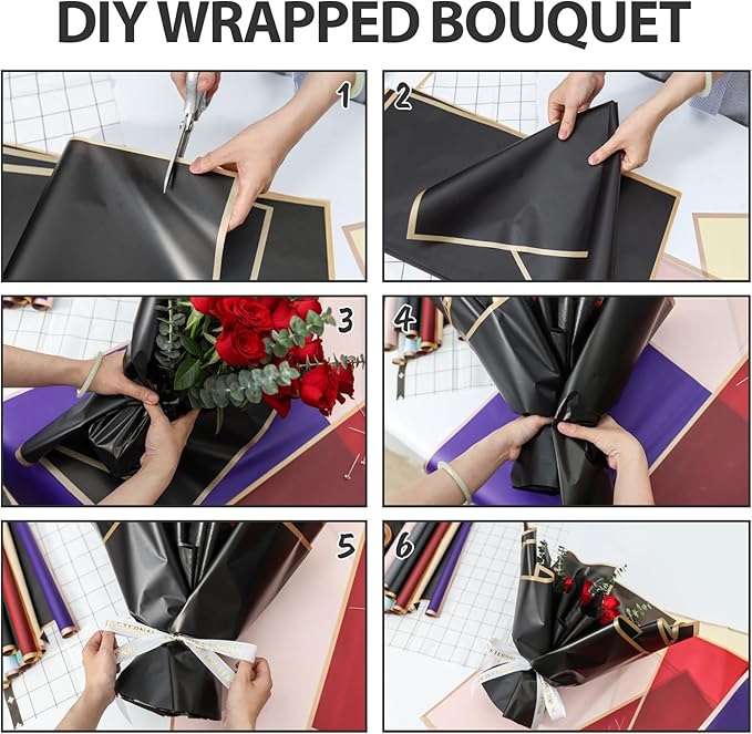 60 Sheet Flower Wrapping Paper-3 Colors Florist Bouquet Wrapping Paper for Wedding Birthday Gift, Flower Paper Wrap with 3 Rolls Ribbon,3D Butterflies, 3 Colors Crowns (Black, Rose Pink, White)