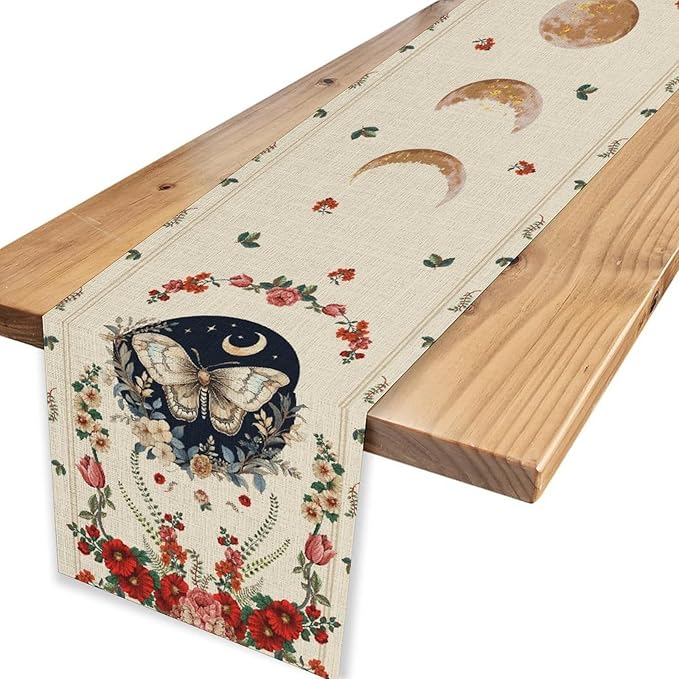 Gothic Moth Table Runner, Boho Floral Gothic Sun Moon Phase Mystical Witchy Starlight Coffee Table Center Decor for Home Kitchen Dining Patio Holiday Party Table Decorations 13x108 inches