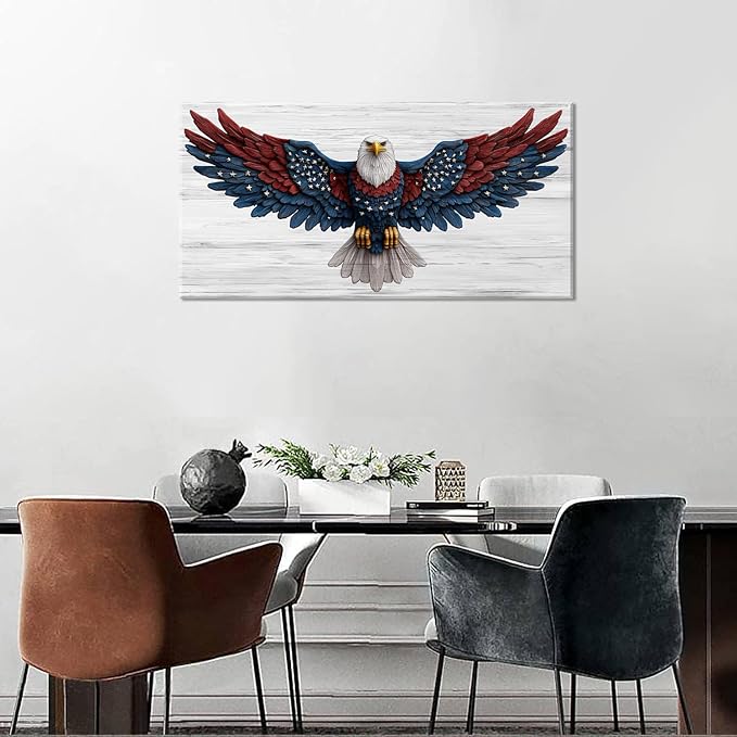IDAFU Bald Eagle Canvas Wall Art USA Eagle Wall Décor -Patriotic Red Blue Flag Painting,USA Independence Day & 4th of July Décor,Ready to Hang for Living Room, Bedroom, Office, Dorm 58L x28W