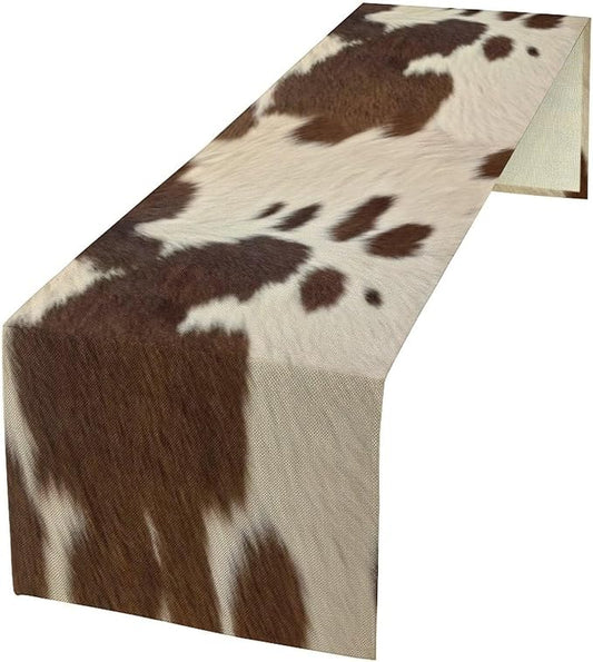 Cow Print Table Runner, Brown Cowhide Western Style Runner Country Farmhouse Cottage Patten Decoration for Home Kitchen Dining,13x36 Inch