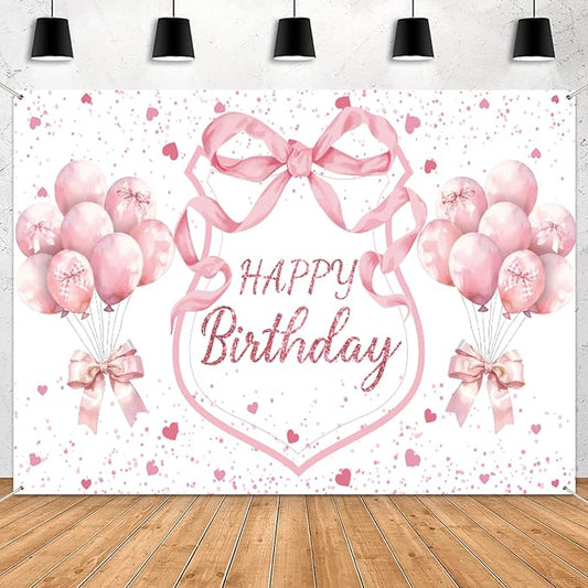 Pink Coquette Birthday Backdrop Decorations Pink Bows and Glitter Balloons Theme Background for Girls Women, Romantic Party Photo Banner for Bachelorette Birthday Decor 7x5ft