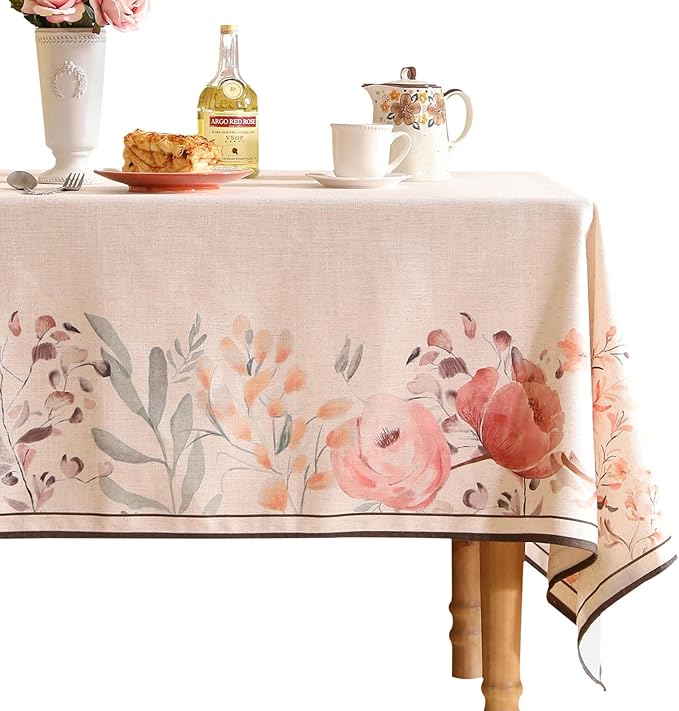 Linen Small Square Tablecloth,French Vintage Pink Floral Pattern Wrinkle Free Tablecloths,Decorative Table Cover for Kitchen,Dining,Thanksgiving,Christmas,Tea Party,55"*55"-Sloosa