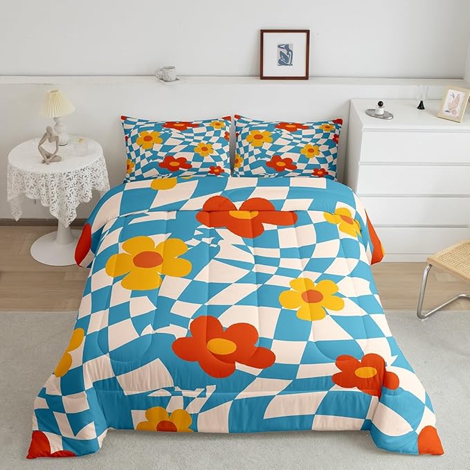 Castle Fairy Kids Vintage Groovy Daisy Flowers Bedding Comforters King Size,Abstract Blue Plaid Boys Girls Comforter Set Room Decor,70s Hippie Floral Modern 3pcs Bedding Set Chic Xmas Present