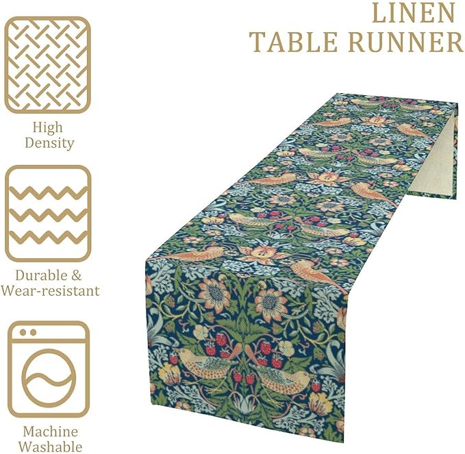 William Morris Floral Table Runner, Vintage Green Flowers Botanical Printed Table Runner for Home Kitchen Dining Table Decoration,13x120 Inch