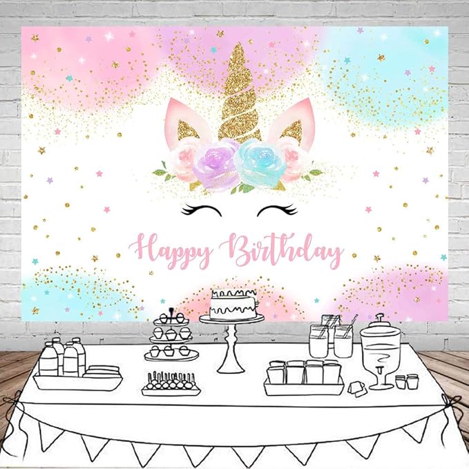 Mocsicka Unicorn Birthday Decorations Backdrop for Girls Party 5x3ft Pastel Rainbow Glitter Stars Dots Happy Birthday Banner Photo Booth Props