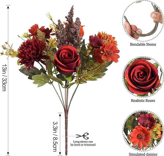Dremisland Artificial Fall Flowers Like Real Artificial Bouquet 4 Packs Silk Artificial Roses Bouquet with Daisy Chrysanthemum Orange Red Fall Flowers for Centerpiece Table Autumn Halloween Decor
