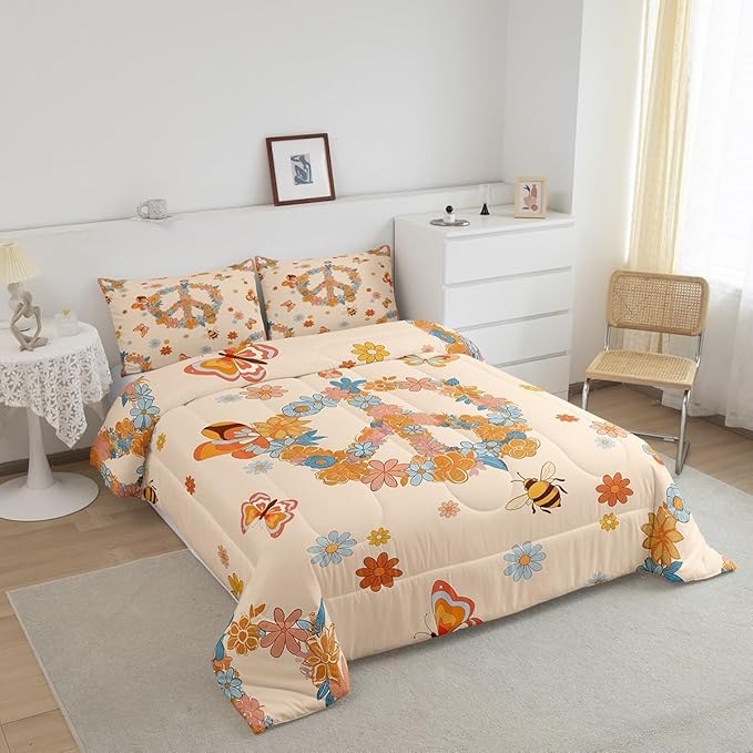 Castle Fairy Retro 70s 60s Hippie Bedding Comforters Queen Size,Groovy Flowers Butterfly Honeybee Comforter Set with 2 Pillowcases,Floral Peace Symbol 3pcs Children Adult Duvet Set,Soft