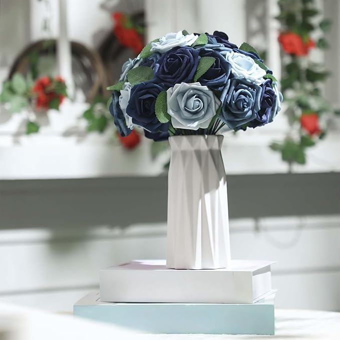 100 Pieces Artificial Foam Rose Flowers Faux Bouquet with Leaves and Stems for DIY Wedding Bouquets Centerpieces Bridal Shower Party Valentine Home Decorations(Shades of Blue)