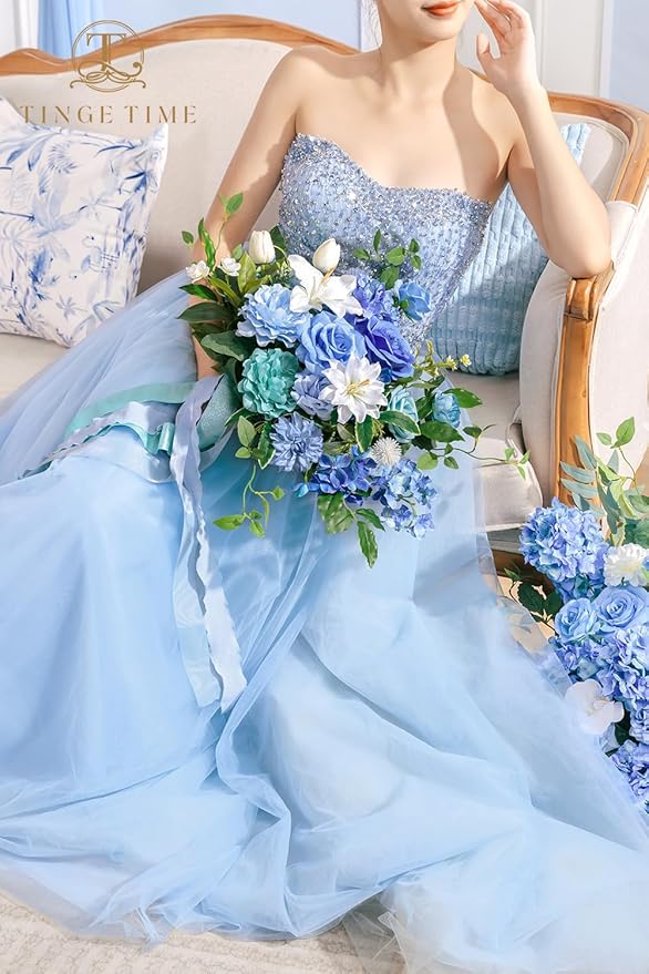 TINGE TIME 13 Inch Wedding Bouquets for Bride,Bridal Bouquet for Bride, Artificial Silk Flowers for Wedding Ceremony and Anniversary (Provence Blue)