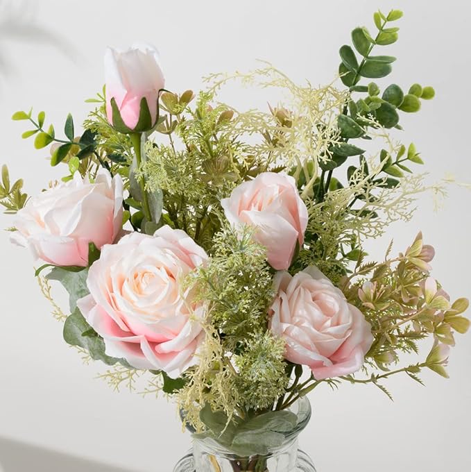 YJ Fake Flowers with Vase, Artificial Flowers Silk Roses Flower Bouquet in Vase, Faux Flower Arrangements,Farmhouse Table Decor,Table Decorations for Living Room,Coffee Table Decor(Pink)