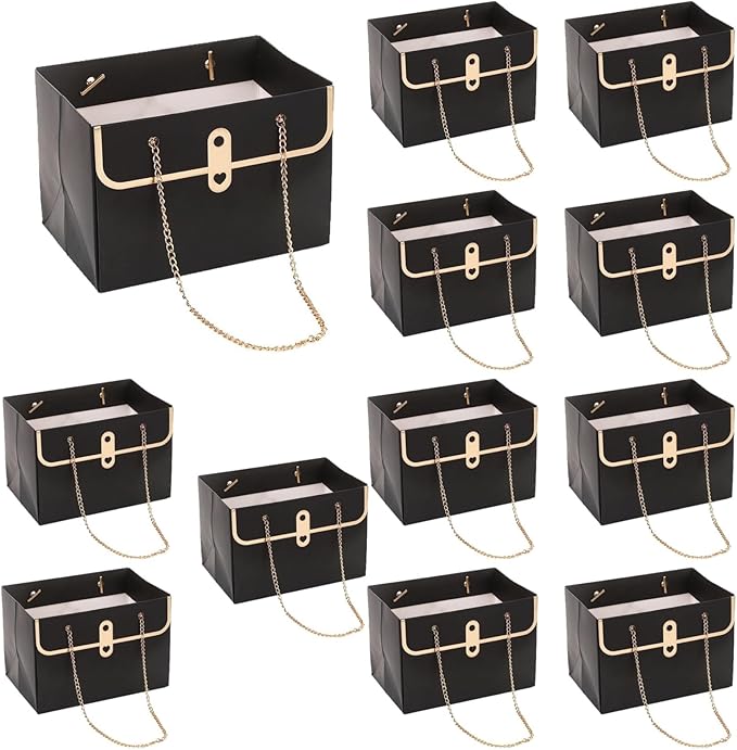 LONG XIN SERIES 12pcs Black Paper Flower Bags with Metal Chain Present Craft Boxes Premium Reusable Paper Gift Boxes Rectangular Present Packaging for Gift Package (Black)