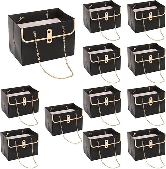 LONG XIN SERIES 12pcs Black Paper Flower Bags with Metal Chain Present Craft Boxes Premium Reusable Paper Gift Boxes Rectangular Present Packaging for Gift Package (Black)