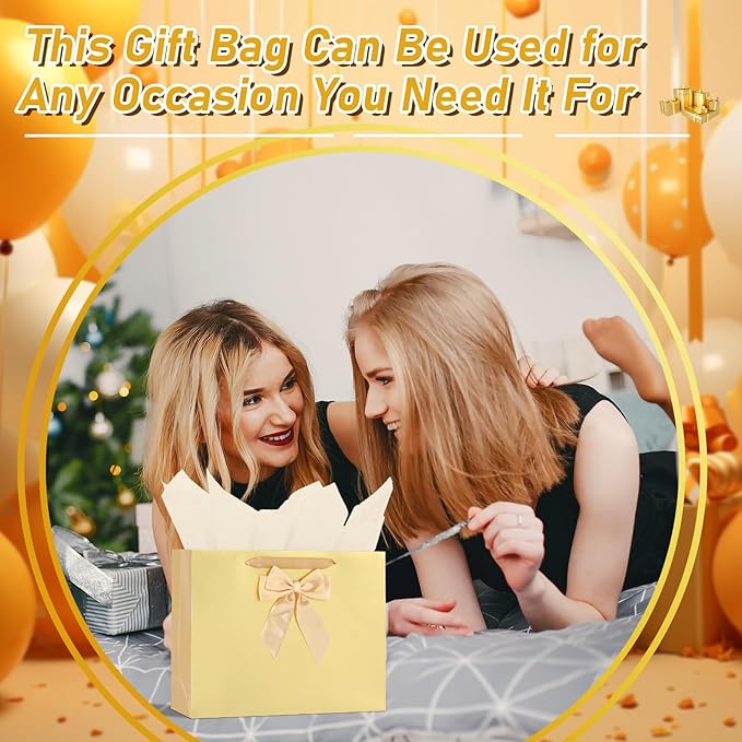 Bloomwords 13" Gold Gift Bag Set - 1 Large Paper Bag with Bow, Greeting Card & 2 Tissues, Sturdy Handles for Birthdays, Party & Special Occasions