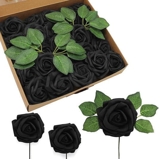 JOYLEX 100Pcs Black Artificial Flowers Realistic Roses, Real Looking Fake Roses with Stem for DIY Wedding Bouquets Centerpieces Bridal Shower Party Home Romantic Decorations (Black, 100pcs)