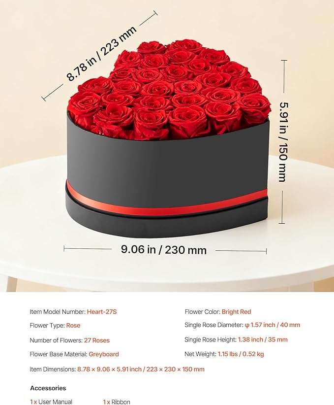 VEVOR Forever Flowers, 27 Preserved Roses in a Heart Shape Box, Eternal Flowers Immortal Bouquet Birthday Present for Delivery Prime Women Her Wife Mothers, Anniversary, Valentine's Day,Christmas, Red