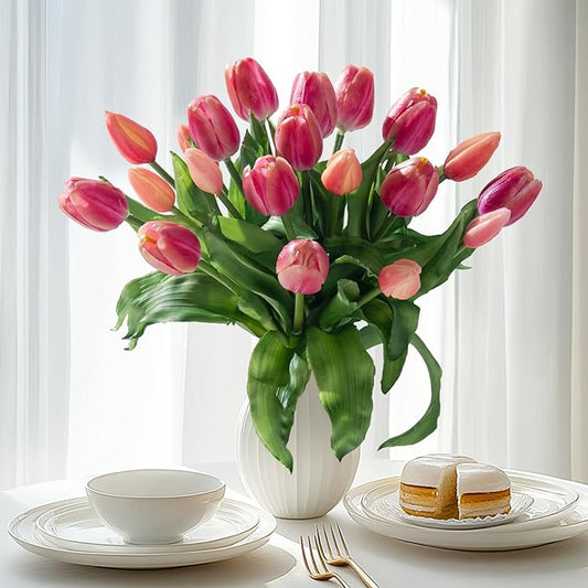 20PCS Fake Tulips Artificial Tulip Silk Flowers Fake PU Bouquet Artificial Flowers Faux Flowers with Gift Box Soft Faux Tulips Bouquets Arrangements for Party Wedding Home