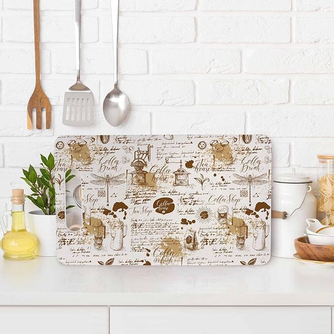 Coffee House Cutting Board Vintage Style Tea Coffee Theme Dragonflies Grip Handle Chopping Boards Cutting Board for Kitchen Plastic 16" x 10" x 0.24"