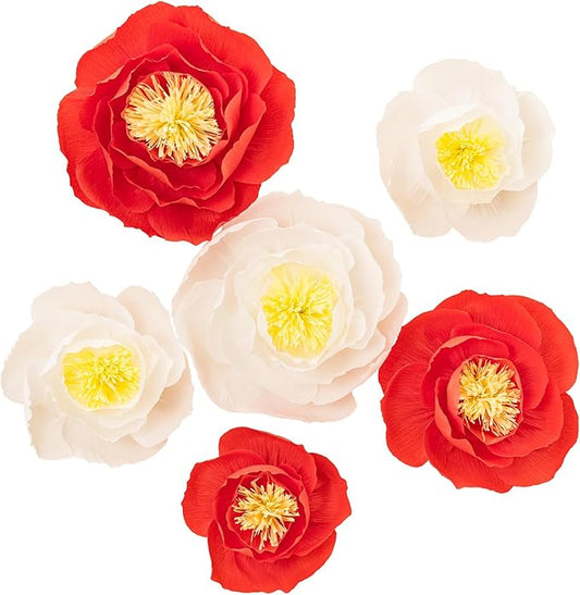 Crepe Paper Flowers Decoration for Wall, Artificial Flowers for Wedding Decor,Flower Backdrop Decor,Baby Shower,Birthday,Archway Decor, Nursery Wall Decor(White and Orange Red,Set/6)
