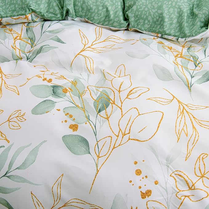 Nayoroom White Floral Duvet Cover Queen Size Green Gold Leaves Printed Reversible Botanical Comforter Cover 3 Pieces Soft Breathable Microfiber Cottagecore Bedding Set with Zipper Closure