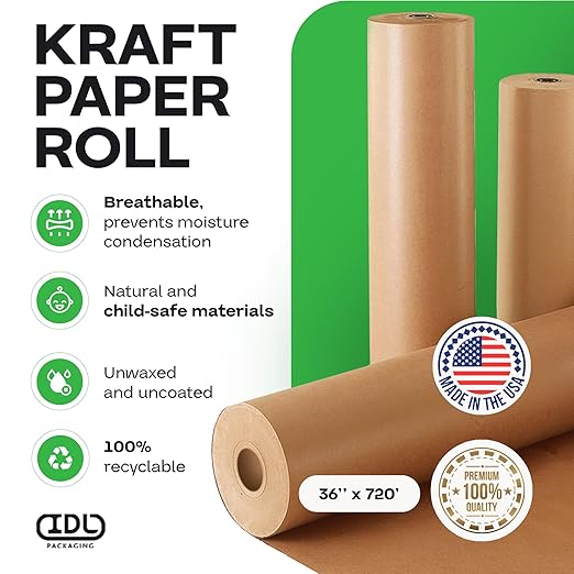 IDL Packaging 36" x 8640" (720 feet) - Brown Kraft Paper Roll - 50lb Thickness - USA-Made Heavy Duty Paper for Packing, Moving, Shipping, Crafts - 100% Recyclable Natural Kraft Wrapping Paper