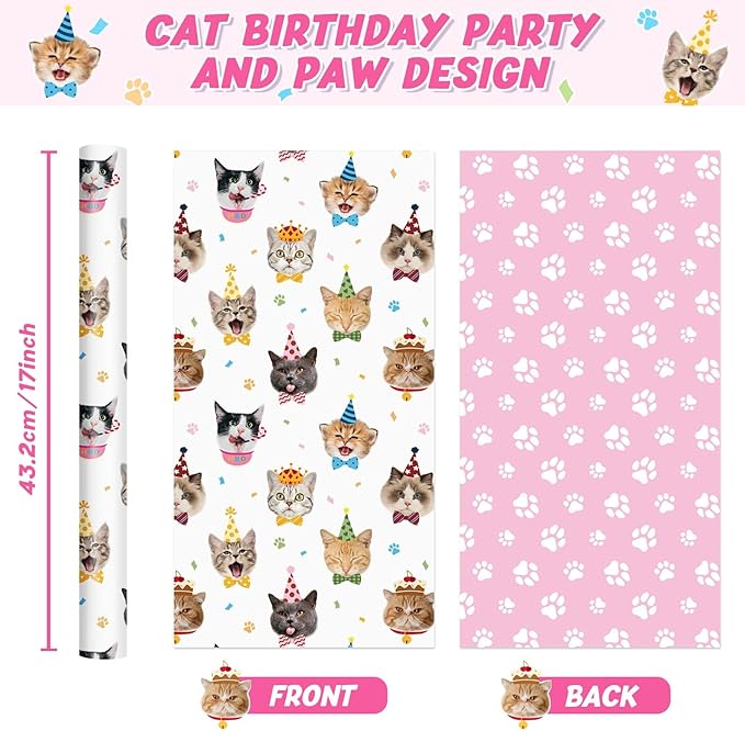 WERNNSAI Cat Wrapping Paper - 1 Roll 17” x 16.4 ft Cute Cat Birthday Wrapping Paper Reversible Kitten Gift Wrap for Birthday Present Packing Decoration with Paw Prints Design