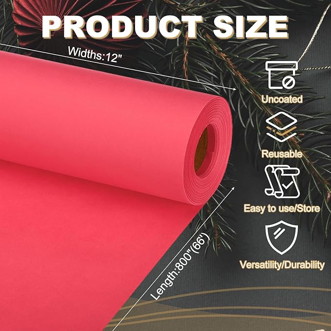 PATIKIL Wrapping Paper, 12"x800"(66') Bulletin Board Paper Roll Kraft Paper Roll Construction 80GSM for Shipping Packing Gift Wrapping Craft Flower Bouquet Christmas, Red