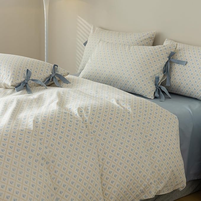Blue Floral Duvet Cover King Soft Cotton Garden Style Floral Bedding Comforter Cover Plaid Grid Design Vintage Blue Flower Duvet Cover with 2 Bowknot Pillowcases Botanical Cottagecore Bedding Set