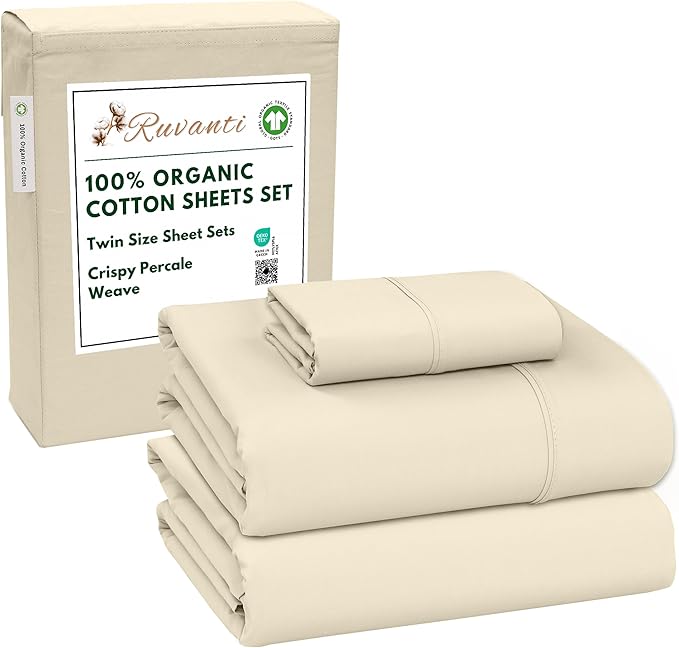 RUVANTI 100% Organic Cotton Sheets Twin Size, Percale Weave, GOTS Certified, 3-Piece Set, Deep Pocket 15", Crisp & Breathable, Soft Durable Bedding, Sábanas Algodón Orgánico – Cloud Cream