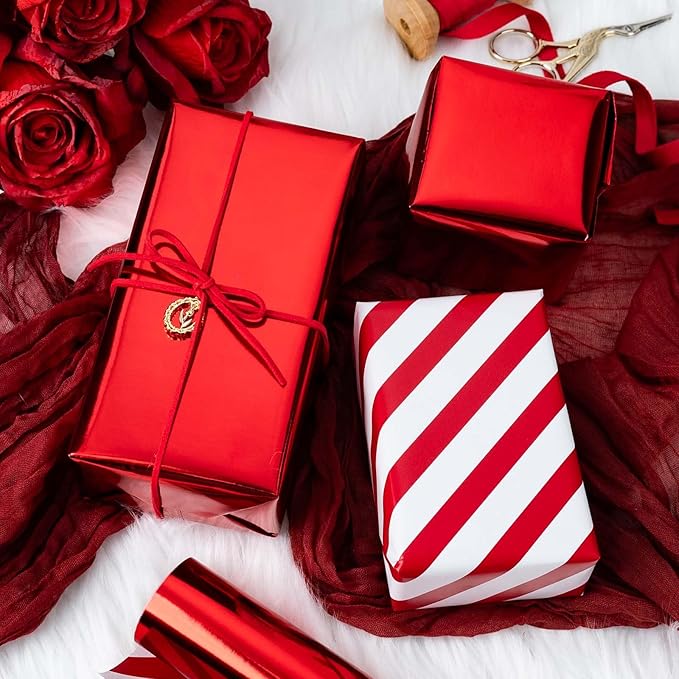 Merture Red Wrapping Paper Roll Reversible - 17 In X 32.8 Ft(46.5 sq.ft.) Metallic Red and Stripe Design Gift Wrap for Christmas, Mothers Day, Wedding, Birthday, Valentines Day, Bridal Shower