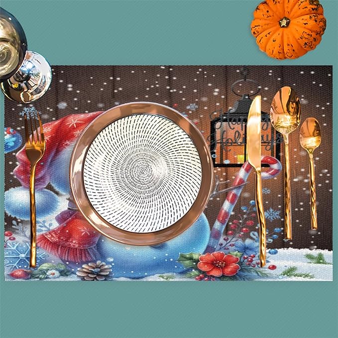 Christmas Art Snowman Snowflake Placemats Set of 6 PVC Vinyl Non Slip Table Mats Heat Resistant Place Mats Washable Wipeable Dining Table Mat for Kitchen Decor Party Indoor Outdoor Decorative Gift