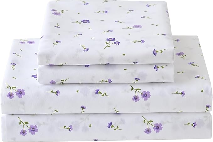 Softan Purple Floral King Bed Sheet Set, Cozy Microfiber Patterned Fitted Sheets with 15" Deep Pocket & Non-Slip Straps, Cute Purple Flower Printed Sheets & Pillowcase Set King