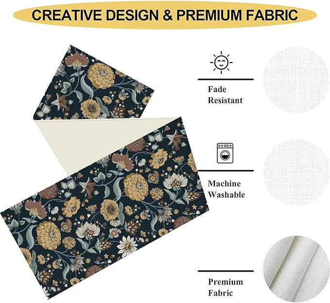 Boho Floral Table Runner, Vintage Traditional Farmhouse Boho Floral Linen Coffee Table Center Decor for Family Kitchen Farmhouse Holiday Party Table Decorations Indoor Outdoor 13x90 inch