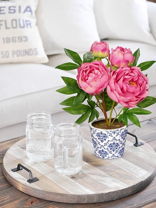Briful Faux Peony Flowers in Blue and White Ceramic Pot – 13.8" Realistic Silk Peonies Artificial Peony Floral Arrangement Fake Potted Peony Flowers for Home Office Room Desk Shelf Decoration(Pink)