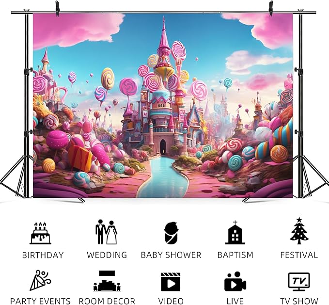 8x4ft Candyland Backdrop Sweet Candy Castle Photography Background Colorful Lollipop Blue River Cartoon Kids Birthday Banner Decorations Baby Shower Newborn Portrait Photo Booth Prop