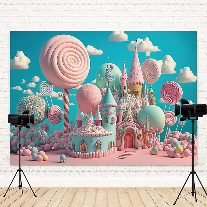 12x10ft Candyland Backdrop Sweet Candy Castle Photography Background Fantasy Lollipop Blue Sky White Cloud Cartoon Kids Birthday Banner Decorations Baby Shower Portrait Photo Booth Prop