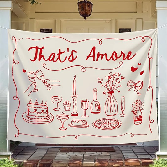 That's Amore Backdrop Italian Wedding Engagement Party Decoration Photography Background Banner Red Hand Drawn Photo Prop for Bachelorette Bridal Shower, 7 x 5 Ft