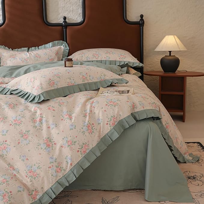Green Ruffle Duvet Cover Twin Girls Cute Flower Bedding Set Twin 100% Cotton Romantic Lace Comforter Cover for Teen Girls Vintage Floral Botanical Duvet Cover Aesthetic Princess Lace Bedding Set
