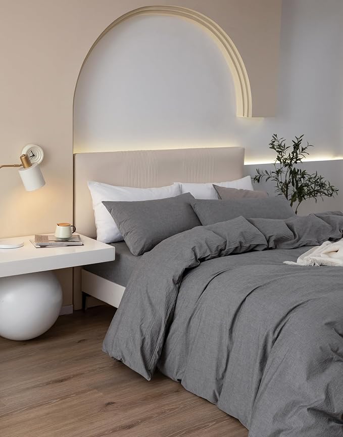 JIYUAN 100% Washed Cotton Duvet Cover Set 3 PCS Super King Plus, 1 Duvet Cover 120"x120" (Comforter Not Included) and 2 Pillowcases,Linen Feel Bedding Set Comfy and Breathable, Heathered Dark Grey