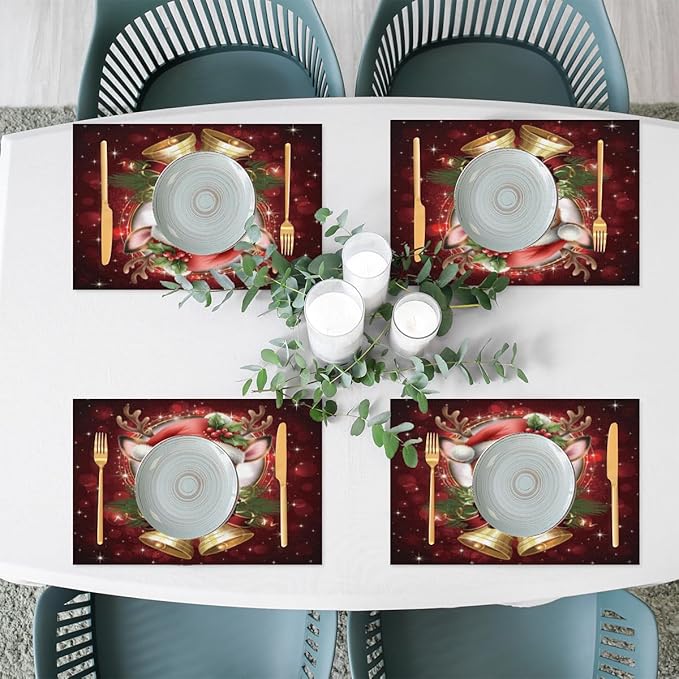 Christmas Xmas Bells Deer Placemats Set of 1 PVC Vinyl Non Slip Table Mats Heat Resistant Place Mats Washable Wipeable Dining Table Mat for Kitchen Decor Party Indoor Outdoor Decorative Gift