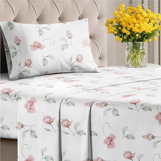 Floral Sheets - Floral Rose Bed Sheet Set - 1 Flat, 1 Fitted & 1 Pillowcase w/ Deep Pockets - Comfy, Wrinkle & Fade Free - Boho Botanical Bedding - Ultra-Soft, Breathable & Cooling - Twin XL Size Set
