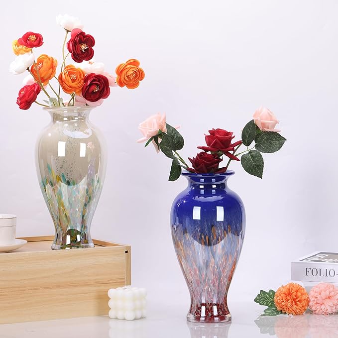 11.8" Tall Blue Glass Vase Beautiful Hand Blown Glass Vase Modern Art Home Decor, Wide Mouth Colorful Vases for Mantle Dining Table Centerpiece, Entryway Living Room Wedding Decoration
