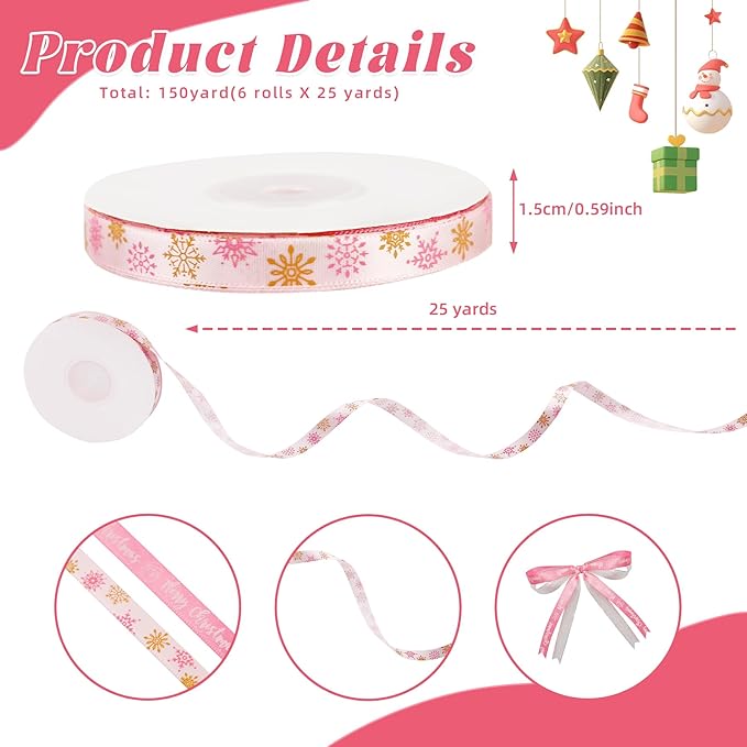 6 Rolls Christmas Ribbon for Crafts 3/8 Inch Glitter Fabric Holiday Festival Grosgrain Ribbon for Wrapping Decoration Floral Bows Craft(Pink Snowflakes)