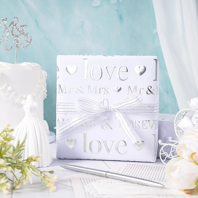 RUSPEPA 30“ x 16.4’ Wedding Wrapping Paper Large Roll, Jumbo Roll, White Gift Paper with Love & Mr & Mrs Design, Romantic Gift Wrap for Wedding, Bridal Shower, Anniversary, Engagement 41 total sq ft.