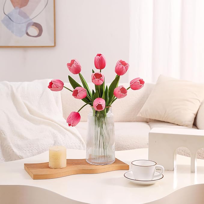 10PCS Artificial 18.5" Long Stem Pink Tulips Bouquet PU Flowers, Fake 6 Color Tulip Faux Flowers with Bendable Stems for Floral Table Wedding Home Decor