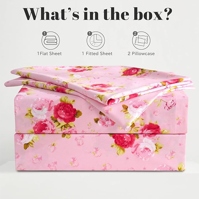Bedlifes California King Sheet Set Ultra Soft, Breathable, Silky Flower Deep Pocket 100% Microfiber Bedding, 4 Piece Cal King Size Pink Floral(Red Rose)