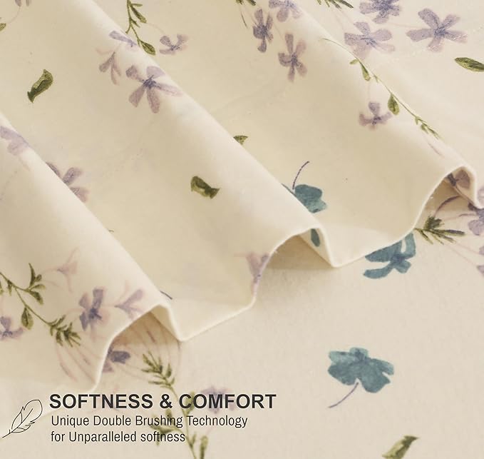 RUVANTI Flannel Sheets King Size - 100% Cotton Brushed King Size Sheets Set - Deep Pockets 16 Inches Bed Sheets - All Seasons Breathable & Extra Soft - Warm & Cozy, 4 Piece, Jasmine Stamp Cream