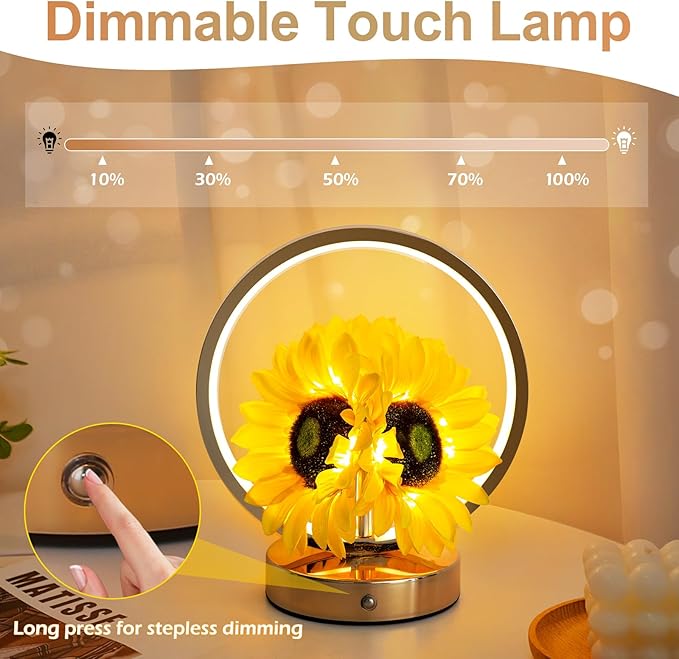 Sunflower Birthday Gifts for Women Mom,Sunflowers Flower Touch Lamp,Rechargeable Cordless 3 Way Dimmable Small Night Light for Living Room,Bedroom,Office Home Decor Thank You Gifts-Yellow
